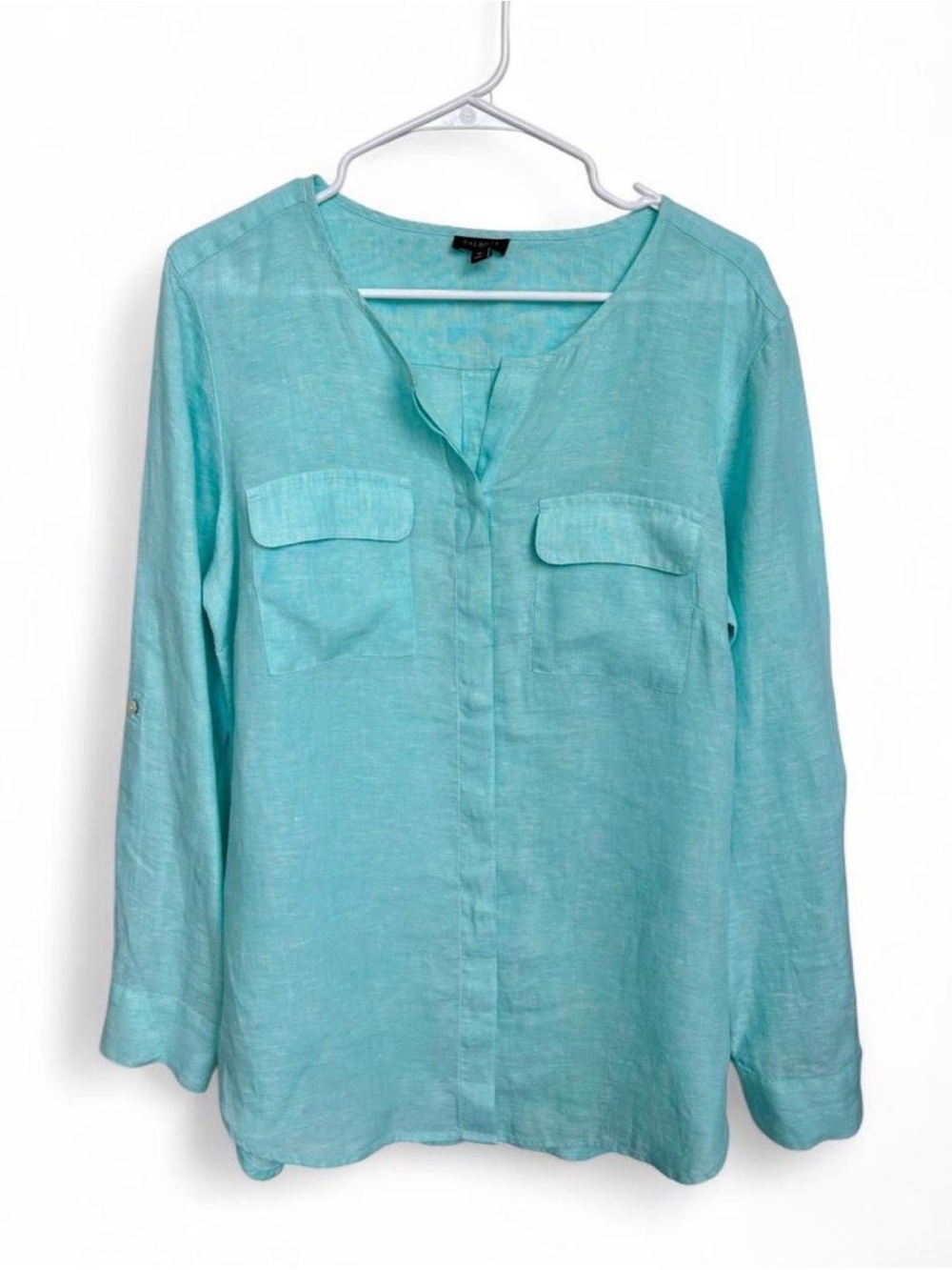 Talbots Linen Button Front Turquoise Blouse Medium Casual Classic Lightweight